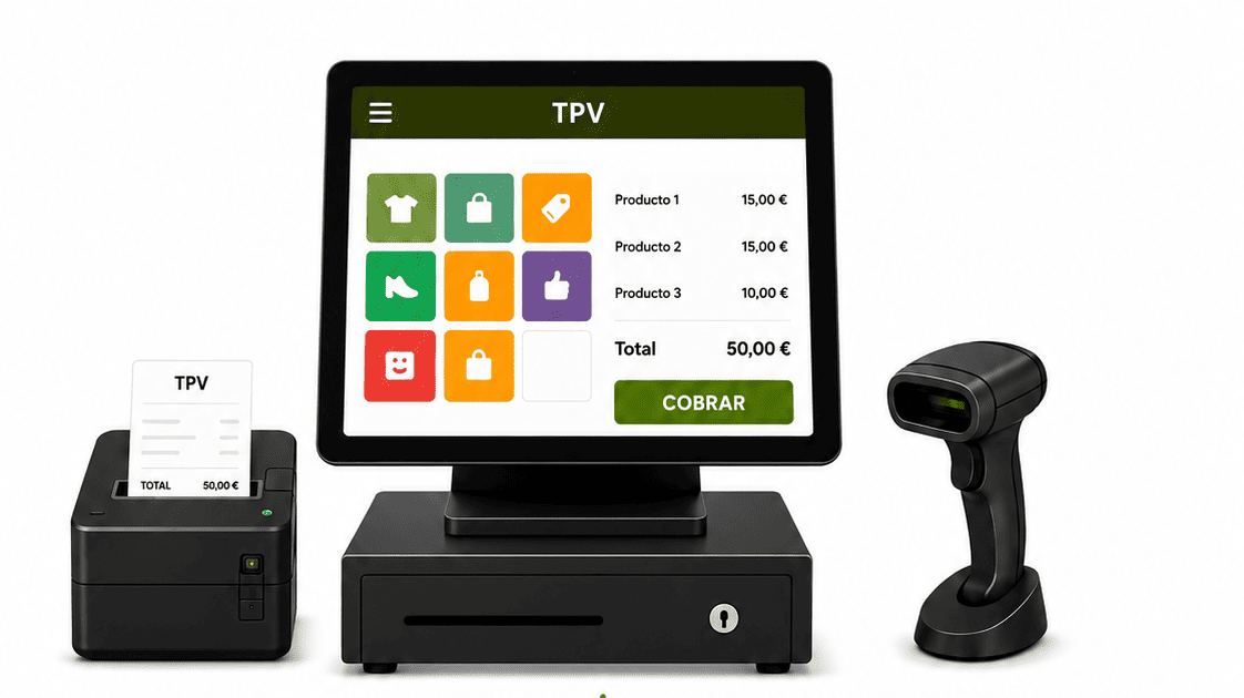 Software TPV para comercios compatible con VERI*FACTU, impresora de tickets, lector de códigos, pantalla táctil y más