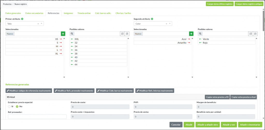 Añadiendo tallas y colores a un producto en el software de gestión de tiendas de ropa de Ilastec